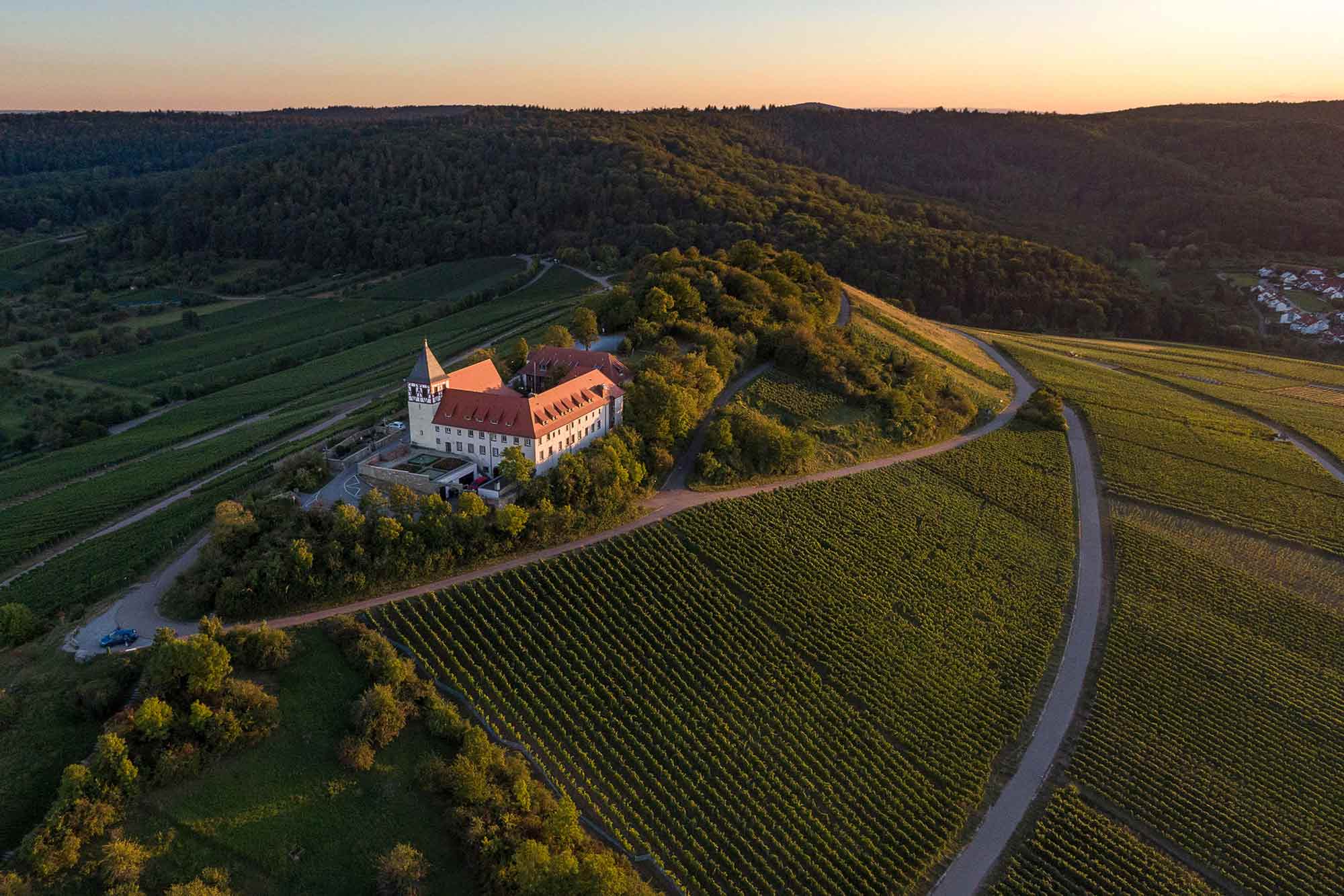 Drohnenaufnahme, Landschaft, Michaelsberg Zabergäu mit Weinbergen in der Dämmerung