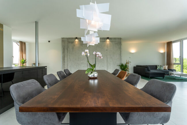 Architektur, Interieur Esszimmer mit langem Holztisch und grauen Stühlen, im Hintergrund Wohnbereich