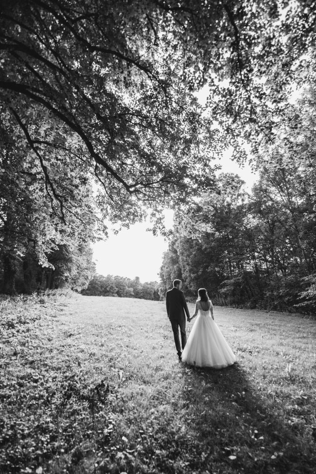 Hochzeit, Portrait, Brautpaar spaziert Händchen haltend über eine Wiese im Wald in der Abendsonne, Hochformat, schwarz-weiß