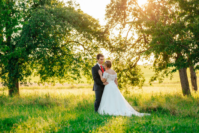 Hochzeit, Portrait, Outdoor, Brautpaar steht im Sonnenuntergang auf Wiese unter einem Baum und hält sich im Arm, Querformat