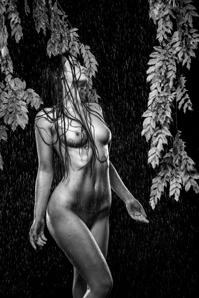 Sensual, Aktaufnahme stehende Frau, mit nassen Haaren im Gesicht, im Hintergrund Regentropfen und Laub, Halbportrait, Schwarz-Weiß