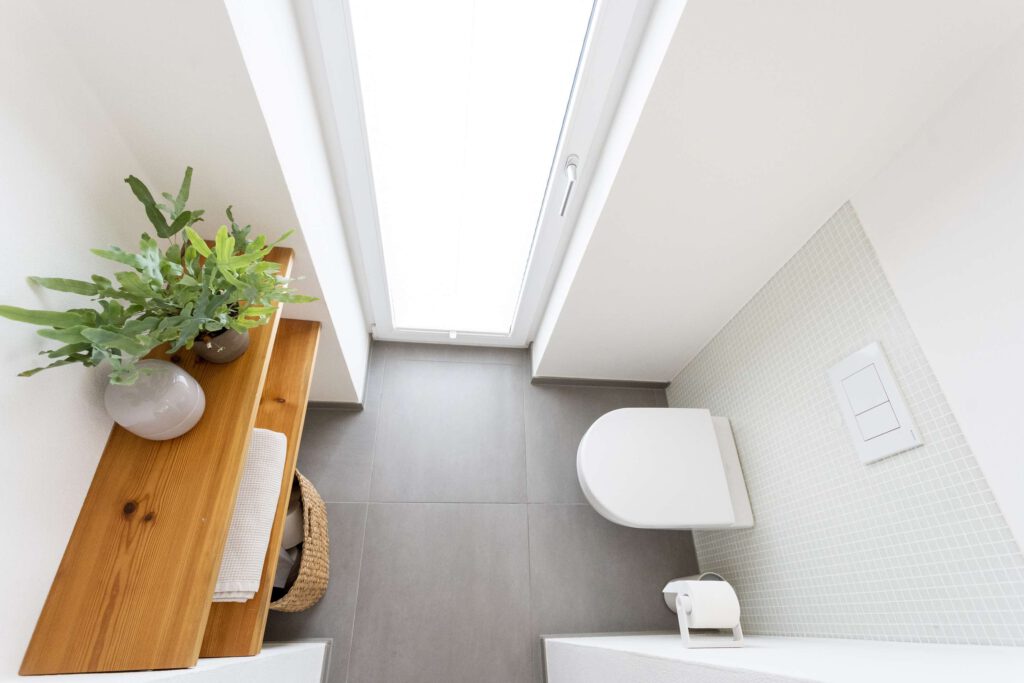 Helles modernes Badezimmer mit Dachfenster und Pflanzen fuer natuerliches Licht.